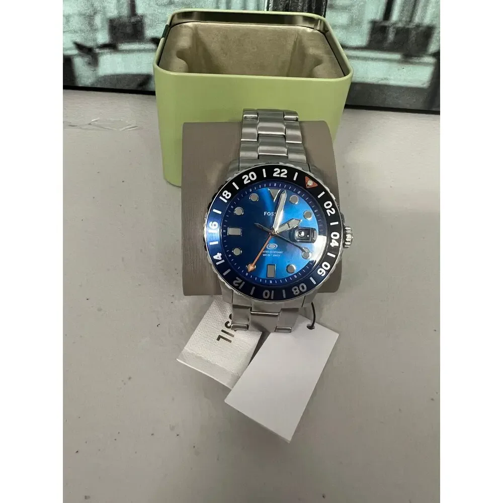 Fossil FS5991 GMT Men Watch 46mm Blue Dial Stainless Steel Dive Style Complete